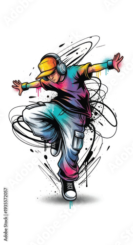 Vibrant graffiti skateboarder performing dynamic tricks in colorful street art environment.