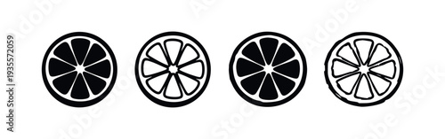 Lemon Slice Citrus Fruit Silhouette and Outline Icon Set