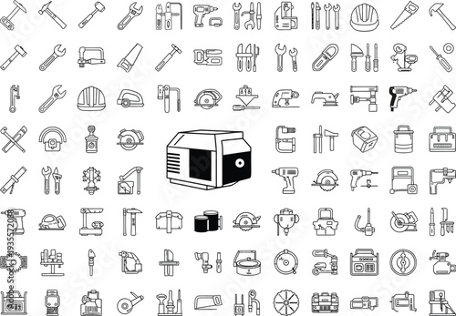 Black and white line art icons of various tools and machinery, including drills, saws, hammers, wrenches, and safety helmets. A large industrial machine is centered.