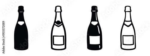 Champagne Bottle Icon Set - Solid and Outline Vector Illustrations for Celebrations, Parties, and Luxury Events