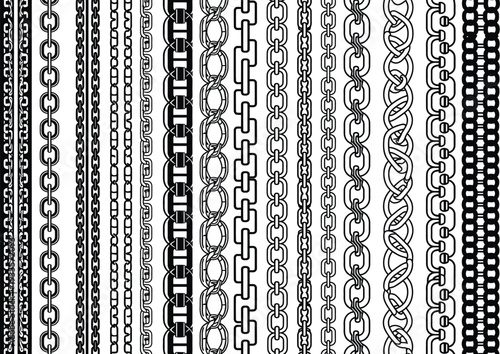 Vector illustration of various chain types in black and white, creating a decorative border or pattern. Different link styles, thicknesses and textures are shown in detail.