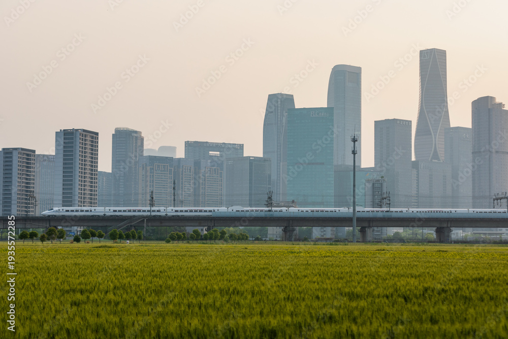 Fototapeta premium Hangzhou CBD Skyline with High-Speed Train and Agricultural Fields