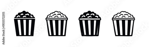 Popcorn Bucket Icons Set. Striped container symbols for cinema snack, solid and outlined.
