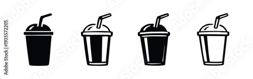 Disposable Cup with Straw Icons. Set of beverage takeaway drink symbols, solid and outlined.