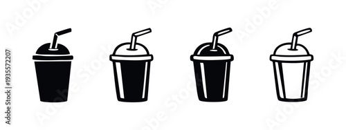 Disposable drink cup icons with straw. Fast food beverage symbols in solid and outline styles. Soda or smoothie cup vector set.