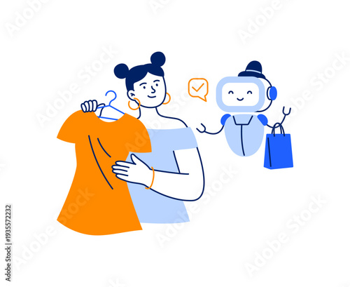 AI shopping assistant is helping a woman choose clothes. Chatbot recommending outfits and online purchases. Vector flat illustration isolated on a white background.