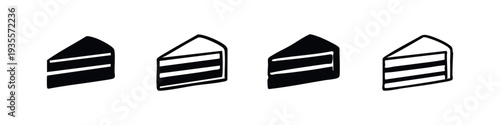Cake slice vector icon set. Piece of dessert with layers silhouette and outline symbols.