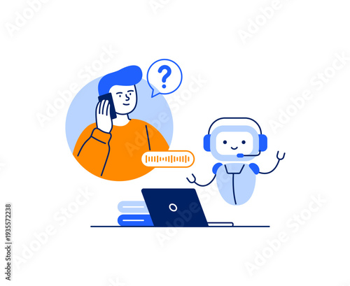AI voice assistant answering questions. Chatbot supporting a user. Speech recognition and smart technology concept. Vector flat illustration isolated on a white background.
