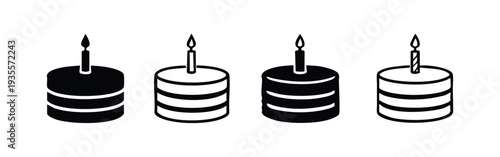 Birthday cake with candle vector icon set. Celebration dessert with lit flame silhouette and outline symbols.