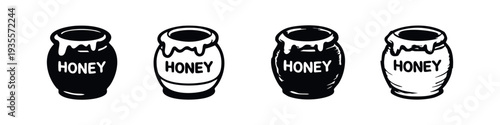 Honey pot icons with dripping honey. Natural sweetener container symbols in solid and outline styles. Sweet food vector graphics.