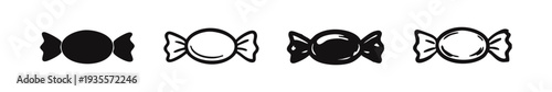 Wrapped candy icons set with glossy effect. Sweet treats collection in solid and outline styles. Bonbon vector symbols.