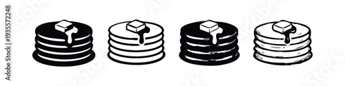 Stack of pancakes with butter and syrup icons. Breakfast dessert symbols in solid and outline styles. Sweet food graphic elements.