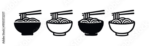Ramen noodle bowl with chopsticks vector icon set. Asian food silhouette and outline symbols.