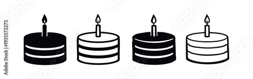 Birthday cake with candle vector set. Party dessert with lit flame simple symbols.