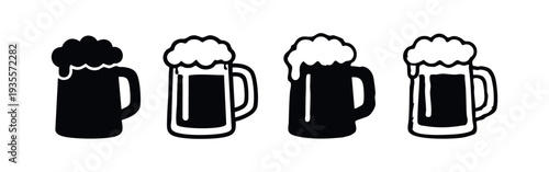 Beer Mug Icon Set with Foam - Silhouette and Outline Styles
