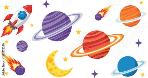 Flat vector illustration set of outer space elements featuring a colorful rocket ship, ringed planets, crescent moon, flaming meteors, and bright stars on a white background.