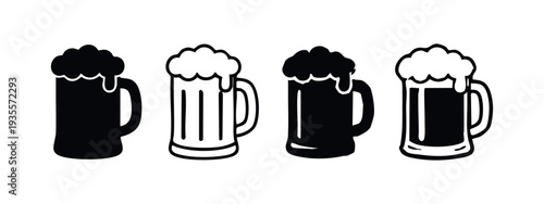Beer mug vector icon set. Refreshing alcoholic drink with foam silhouette and outline symbols.