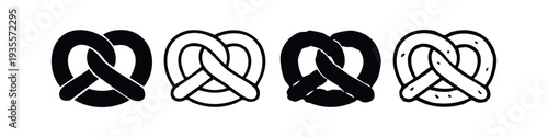 Pretzel vector icon set. Baked pastry snack silhouette and outline symbols.