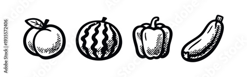 Hand-drawn set of fresh fruits and vegetables: peach, watermelon, bell pepper, zucchini on a white background