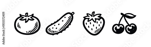 Hand-drawn set of fresh fruits and vegetables: tomato, cucumber, strawberry, cherries on a white background