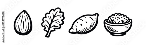 Hand-drawn set of healthy food items: almond, lettuce, sweet potato, rice bowl on a white background