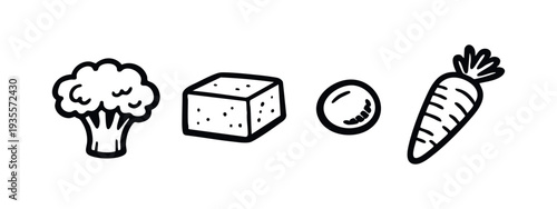 Hand-drawn set of various food ingredients: broccoli, cheese, egg, carrot on a white background