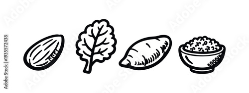 Hand-drawn set of healthy food items: almond, lettuce, sweet potato, rice bowl on a white background