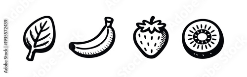 Hand-drawn fresh fruits and leaf icons set. Black and white stylized healthy food illustrations.