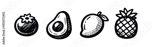 Hand-drawn tropical fruits and vegetable icons set. Black and white stylized healthy produce illustrations.