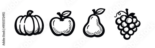 Hand-drawn autumn fruits and vegetables icons set. Black and white stylized harvest produce illustrations.