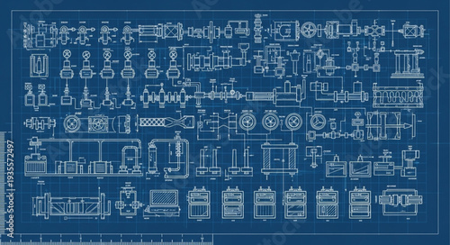 Detailed blueprint technical drawing of machinery and components.