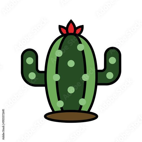 Cute cartoon illustration of a barrel cactus with small arms and a red blossom, isolated on white.