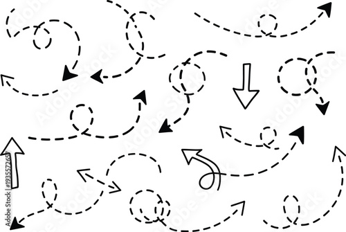 Set of irregular dashed line arrows in a hand-drawn, sketch style, perfect for informal design elements