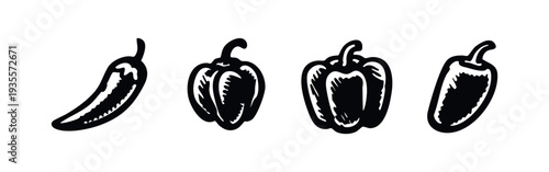 Set of hand-drawn black and white icons depicting various types of fresh peppers: chili peppers and bell peppers.