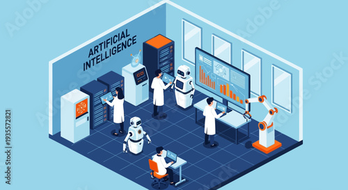 Isometric illustration of robots and humans working together on artificial intelligence projects in a futuristic laboratory setting with a predominantly blue color