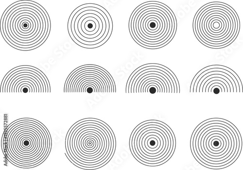 Black and white concentric spiral and circular line patterns, evoking a sense of focus, movement, or sound.