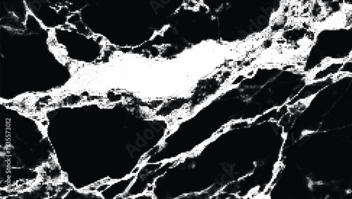 Abstract black marbled texture with halftone dots and transparent checkerboard elements, grunge graphic design