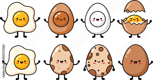 Playful cartoon eggs with cute faces, arms, and legs in various styles including fried, cracked, speckled, and cookie-like designs for fun illustrations