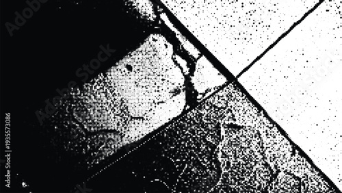 Geometric abstract background with diagonal lines, halftone dots, and transparent checkerboard pattern, dark grunge overlay