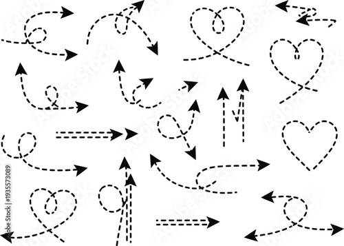 Dotted line arrows and heart shapes, conveying direction, love, and connection in a whimsical design style.