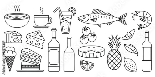 Pixelated collection of various food and drink icons including fish wine fruit and sweets