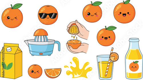 Playful cartoon oranges with expressive faces, juicer, juice carton, glass, and bottle, perfect for food illustrations, beverage branding, children’s artwork, and healthy lifestyle designs