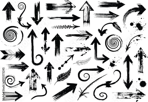 Dynamic collection of grunge-style arrows and graphic elements: brush strokes, splatters, feathers, and spirals, conveying movement and energy.