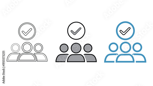 Three different icons representing group approval or verification statuses