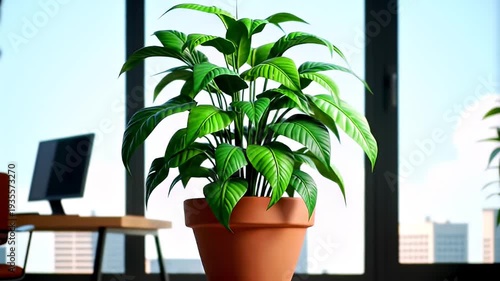 Indoor view of vibrant green plant in terra cotta pot against office building background