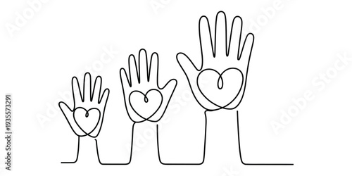 Continuous line drawing of three hands of different sizes with hearts in their palms
