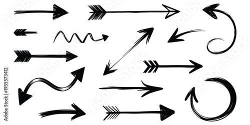 Collection of hand-drawn black ink arrows and pointers with various shapes and styles on a white background.