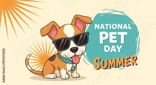 Cartoon dog in sunglasses celebrates national pet day in summer with a fun playful design