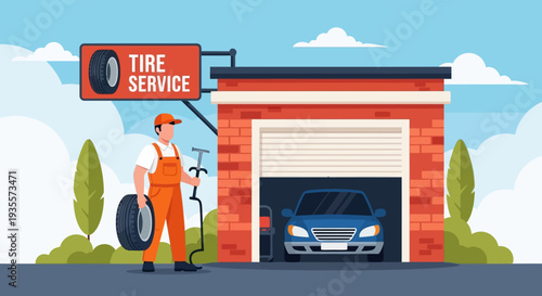 Illustration of a mechanic holding a tire standing next to a car in a garage with a tire service sign