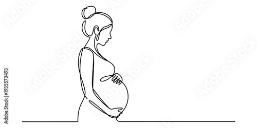 Continuous line drawing of a pregnant woman holding her belly in profile view